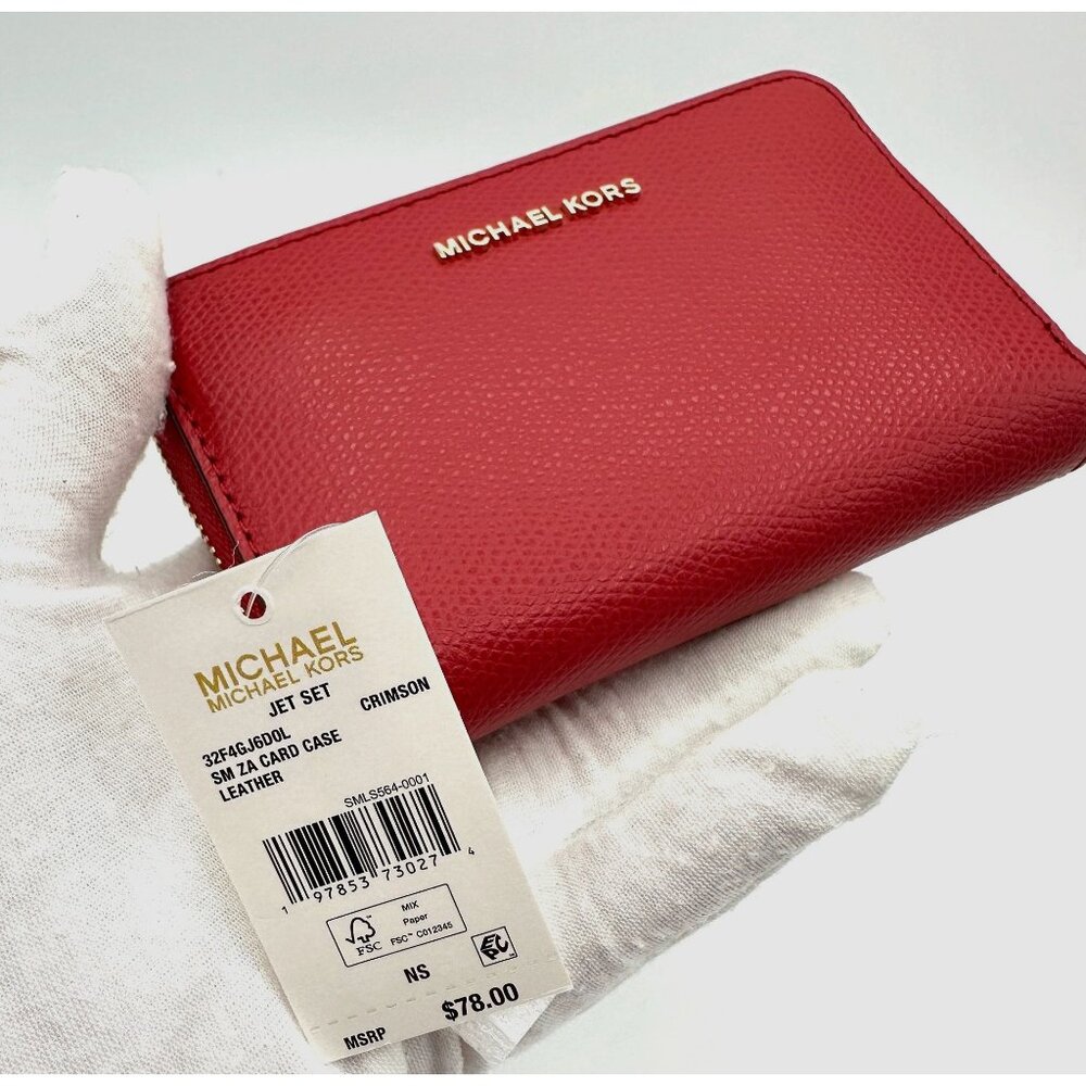 Michael Kors Jet Set Crimson Leather Small Zip-Around Card Case 32F4GJ6D0L NWT